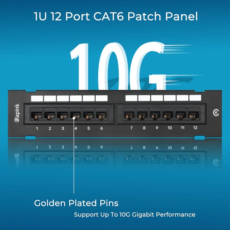 Rapink Patch Panel 12 Port Cat6 10G Support, Network Patch Panel UTP 10-Inch, Wallmount 1U Ethernet Patch Panel Punch Down Block for Cat6, Cat5e, Cat5 Cabling - Image 4